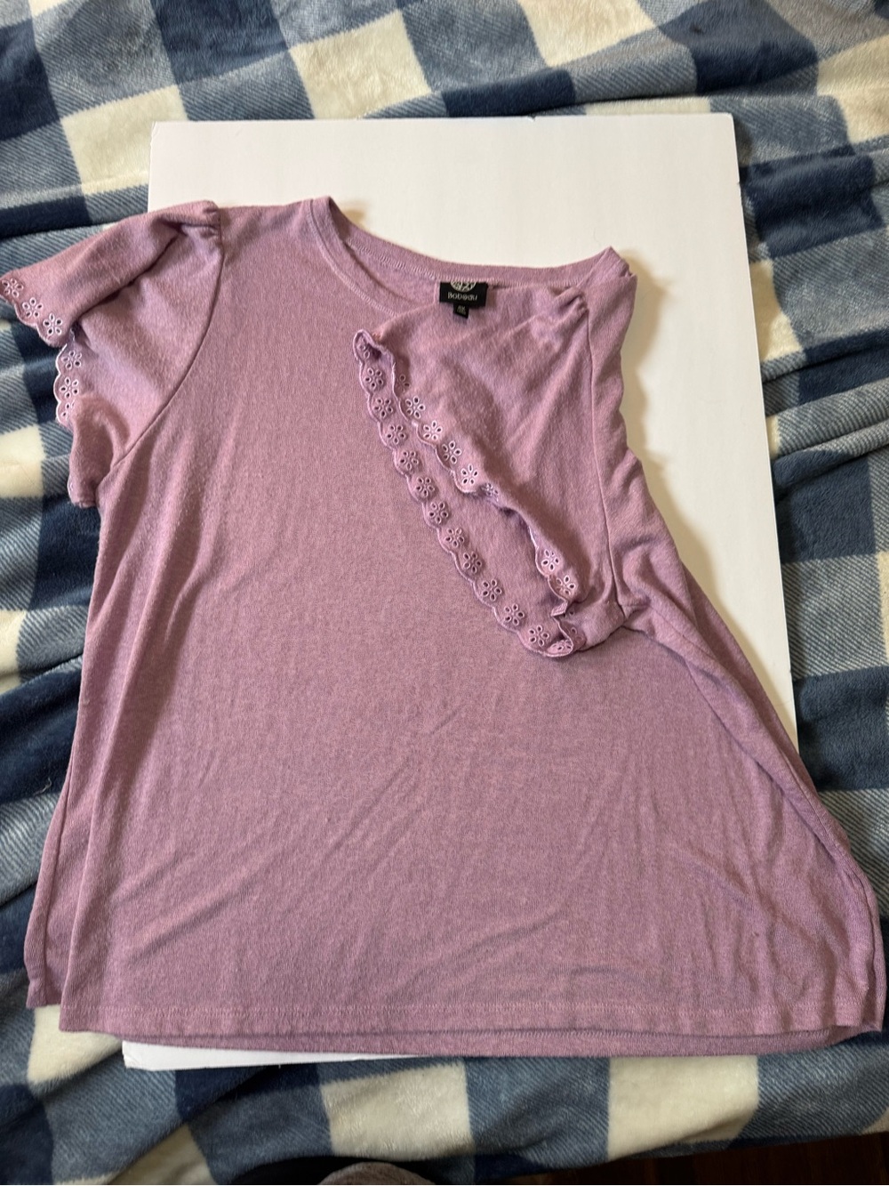 bobeau Lilac Short Sleeve Eyelet-Ruffle Tee